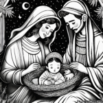Color the Holy Night: Classic Nativity Scene with Baby Jesus, Mary, and Joseph Coloring Page
